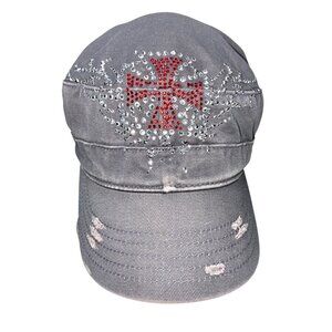 VTG Y2K Embellished Rhinestone Distress Field Cap Grey Canvas Hook/Loop #b